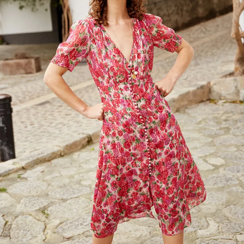 

Women Dress Printed Gold Cut Flower Vintage V-Neck Lace Short Silk Dress