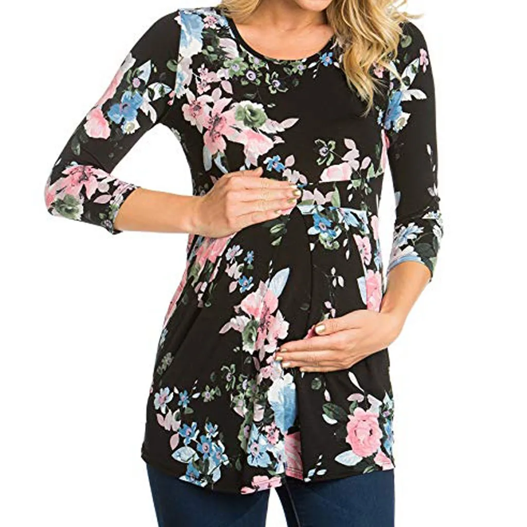 

LONSANT Maternity Blouse Women Three Quarter Sleeve Blouse Maternity Pregnancy Shirt Ruched Floral print Tops Maternity Clothes