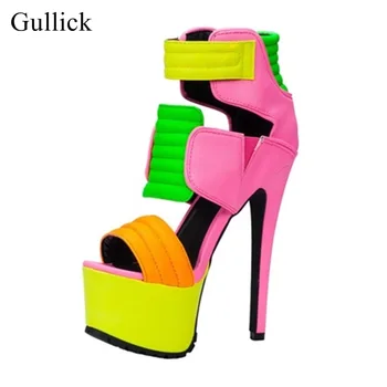 

Gullick Brand Mixed Colors High Platform Sandals Cut-out Strap Peep Toe Summer Dress Shoes Punk Style Night Club Dress Shoes