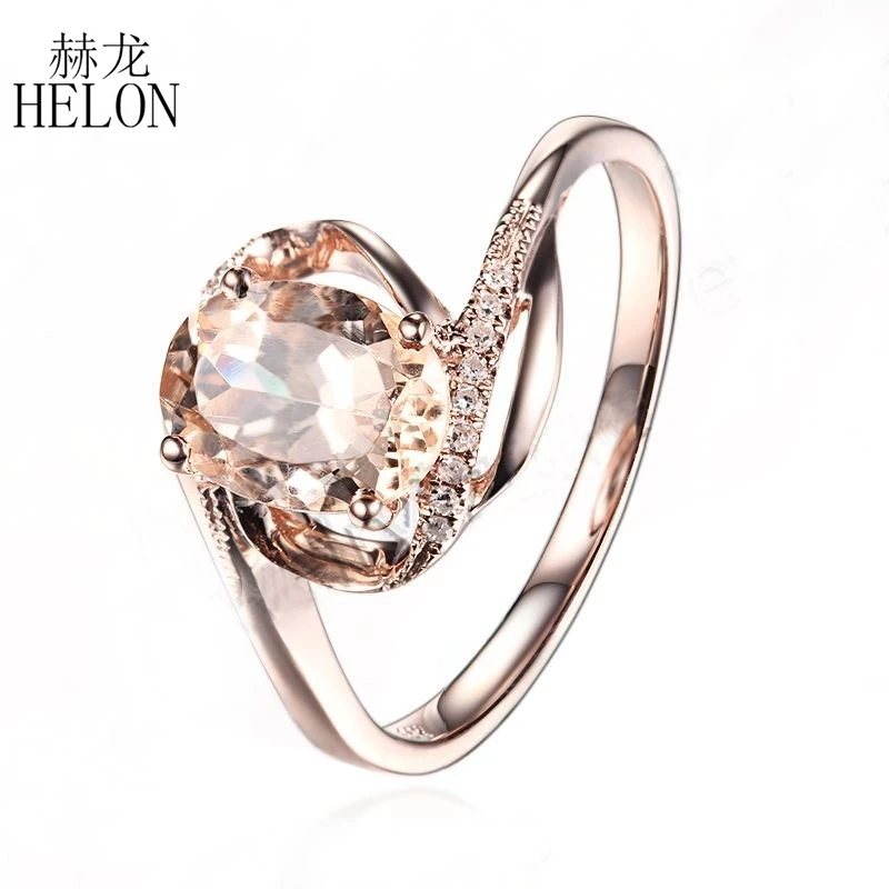 

HELON Oval Shape 7x5mm Morganite Natural Diamond Jewelry Romantic Engagement Wedding Solid 14K Rose Gold Ring