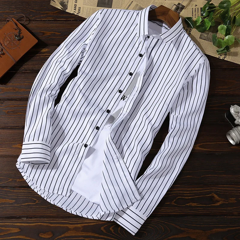 

Plus Size M-5XL Shirts Men Business Casual Slim Fit Shirts Striped Thin Soft Dress Social Shirts Long Sleeve Men's Shirts