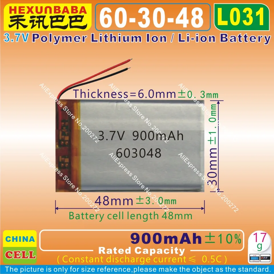 

4pcs [L031] 3.7V 900mAh [603048] PLIB ( polymer lithium ion / Li-ion battery ) for dvr;GPS,mp3,mp4,cell phone,speaker,mp5