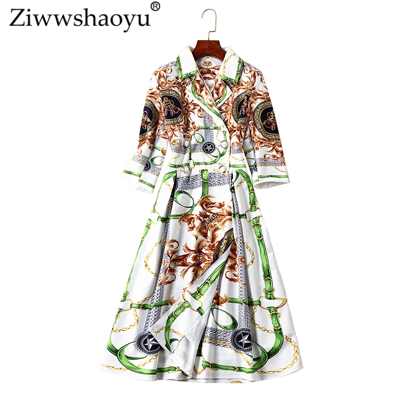 

Ziwwshaoyu Fashion Double-breasted Cardigan dress Office Lady Turn-down Collar A-Line Print dress 2019 Spring New Women