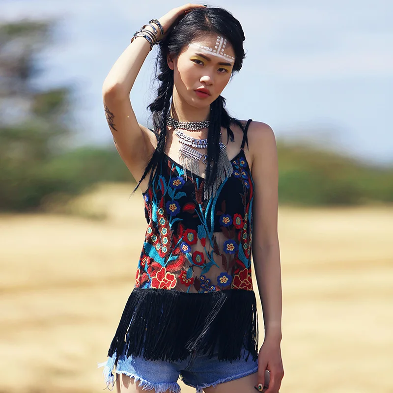 

Summer Women Novelty Personality Slim V-Neck Sleeveless Sexy Perspective Mesh Embroidery Tassel All-MatchTop Suspenders