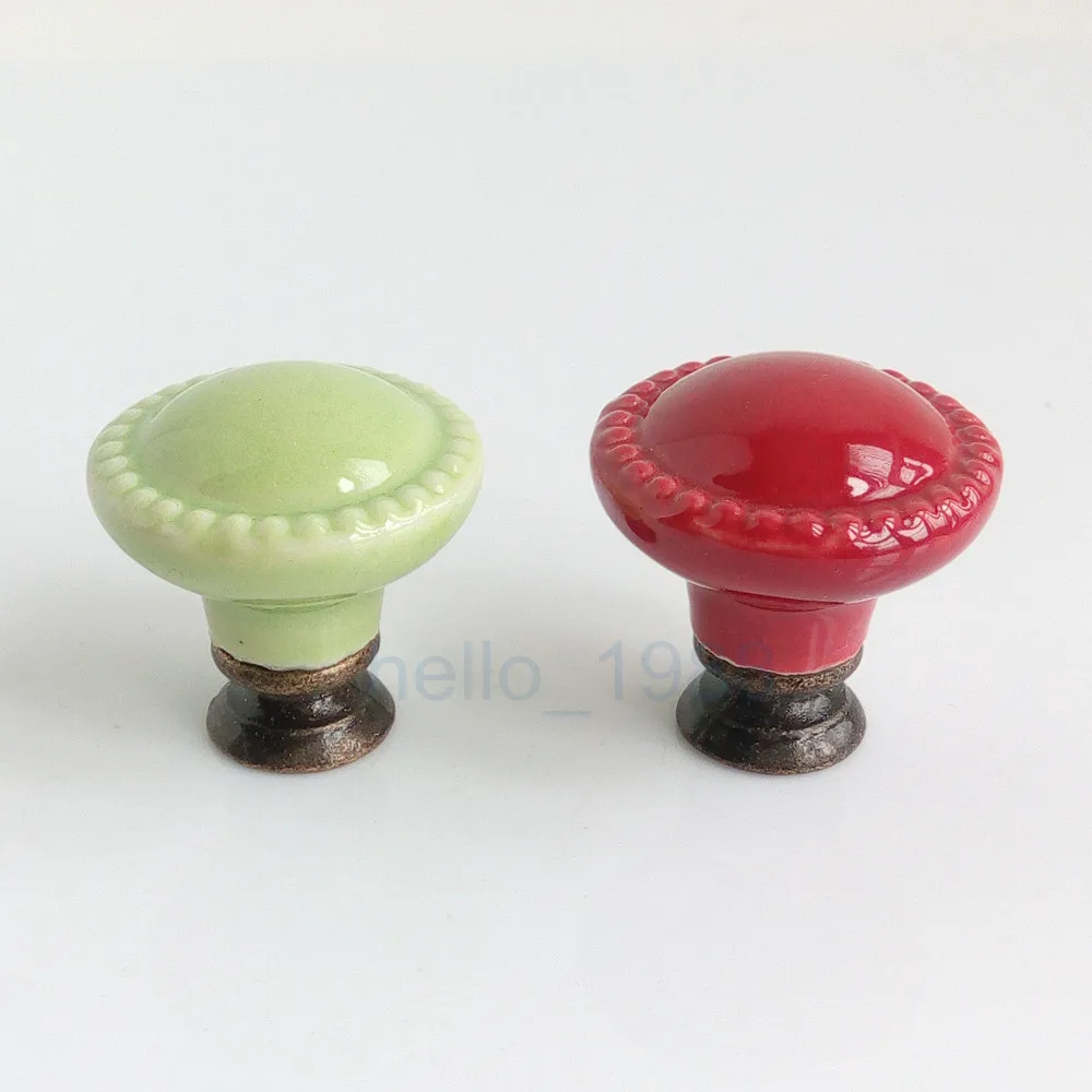 Cute Red Green Little Button Ceramic Knob Drawer Pull Dresser