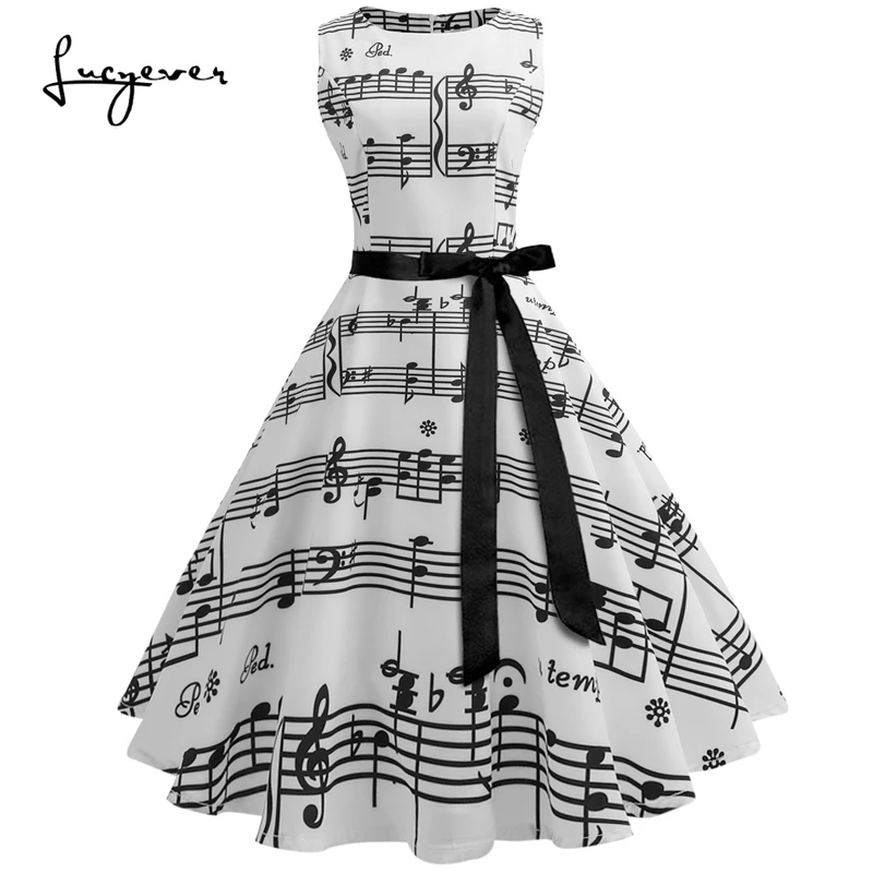 

Lucyever Vintage print Music notes women summer long dress sleeveless A-line sashes tunic slim midi dress luxury expansion dress