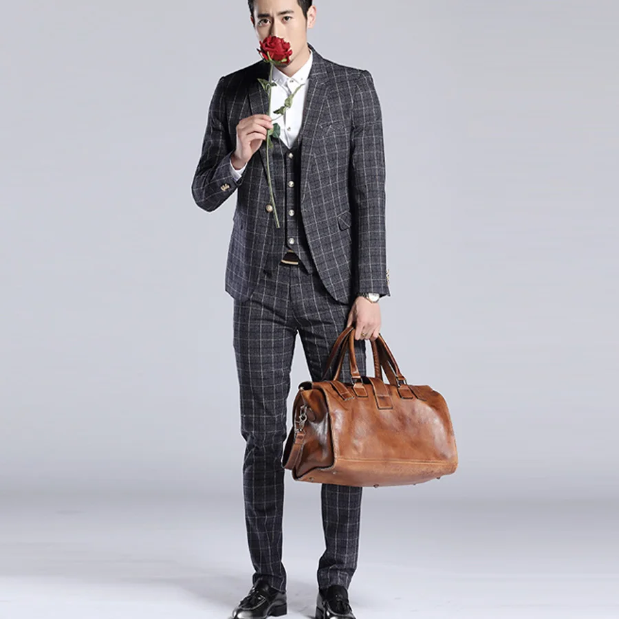 Grey Plaid Striped Blazer Men Business Style Suit Wedding Suit Groom Tuxedos Slim Fit for Men 3 Pieces (Jacket+Vest+Pants) New