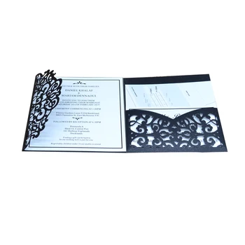 

Pearl paper black tri fold pocket laser cut wedding invitations 50 free shippment