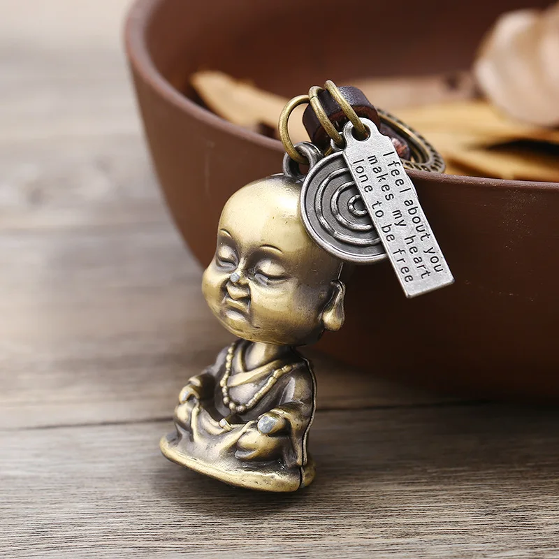 

Hand-woven Car Retro Key Ring Genuine Leather Buddha Key Chain Jewelry Punk Vintage Little Monk Buddha Pendant Keychain
