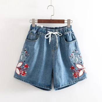 

Summer Denim Shorts Embroidery Flower Plus Size Woman 2019 New High Elastic Waist Casual Fashion Loose Denim Shorts Female 4xl