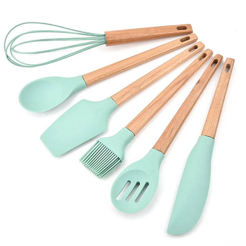 6pcs/set Green FDA Silicone Bakeware Set Wood Handle Kitchen Cooking Tools Utensils Nonstic Kitchen Scraper Whisk Brush Kit