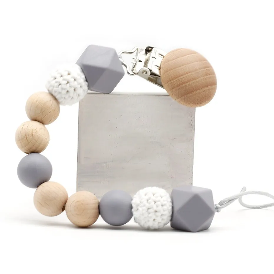 Murah Silikon Beech Kayu Mengunyah Manik manik Dot Klip Dummy Dudukan Klip Lucu Dot Klip Penenang Model Rantai Mainan Gigi Bayi Bayi Mengunyah