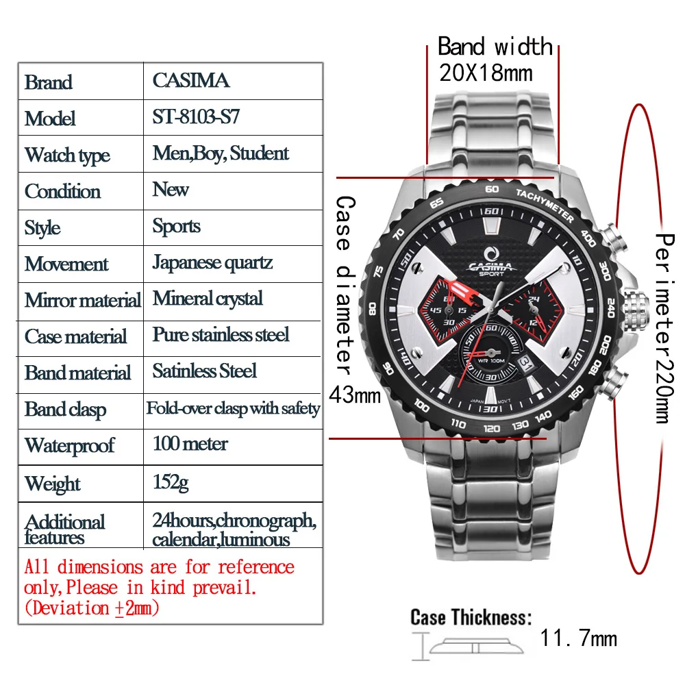 CASIMA модные спортивные многофункциональные чрогограф мужские часы из нержавеющей стали водонепроницаемые со светящимися стрелками 8103