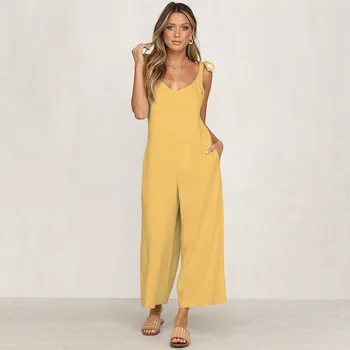 

Pocket Summer Loose Overalls Women Bandage With Belt Jumpsuit Off Shoulder V Neck Playsuit Backless Bow Tie Rompers