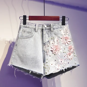 

plus size 4XL 5XL beaded women shorts denim flower embroidery pink sweet pearl female loose wide leg shorts top quality