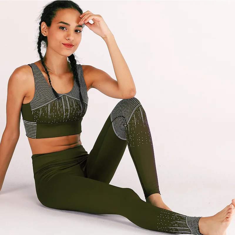 Женский комплект для фитнеса и йоги, бюстгальтер+ леггинсы, спортивный Спортивный костюм для бега, спортивные костюмы для бега, одежда для тренировок, топ, штаны, наборы - Цвет: army green