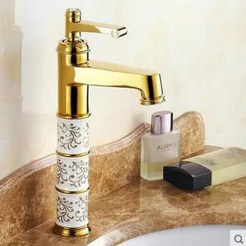 

Porcelain Coating Golden Solid Brass Artistic Vingate Hot/Cold Water Mixer Countertop Bathroom Faucet