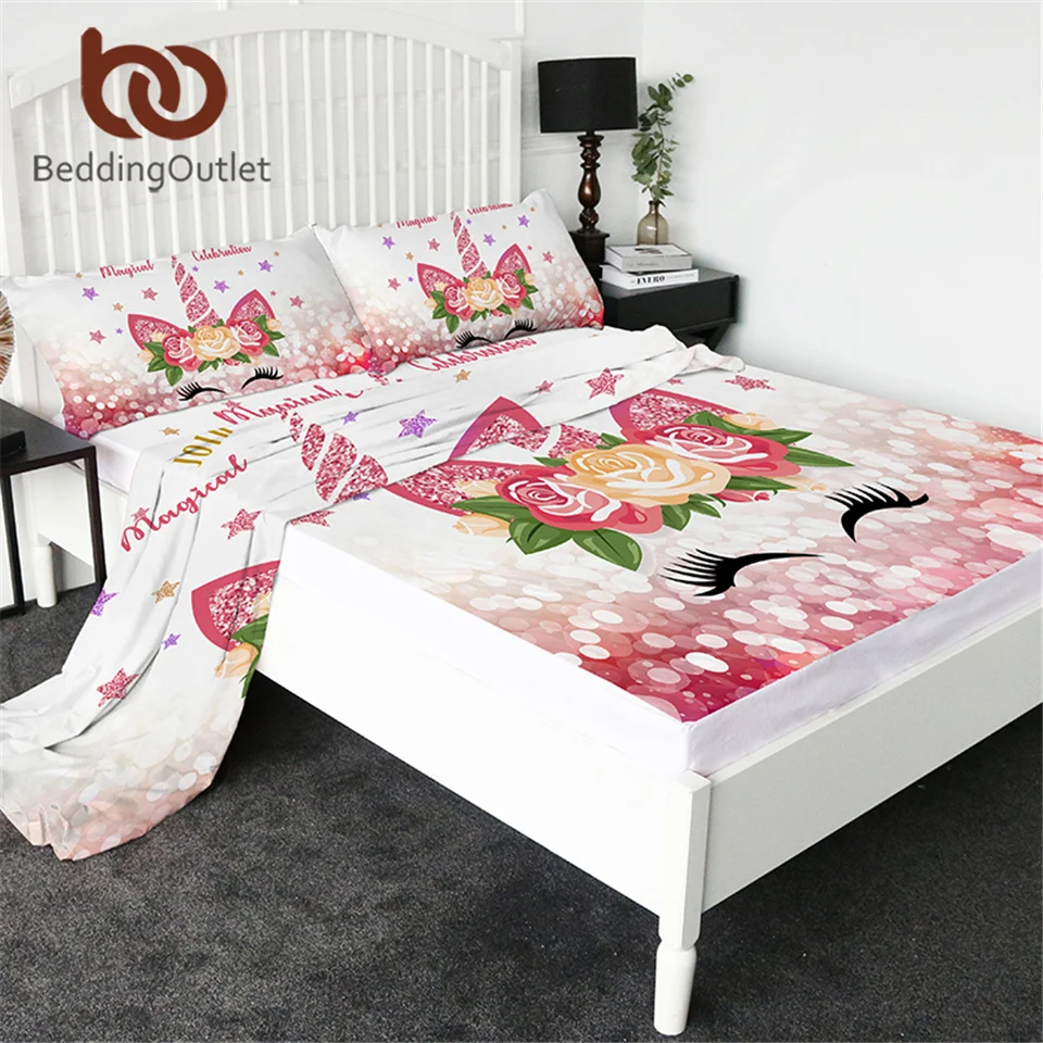 BeddingOutlet يونيكورن شرشف الملكة 3D طباعة الكرتون غطاء سرير مجموعة الأزهار شقة ورقة رمش الفراش 4-قطعة غطاء مرتبة