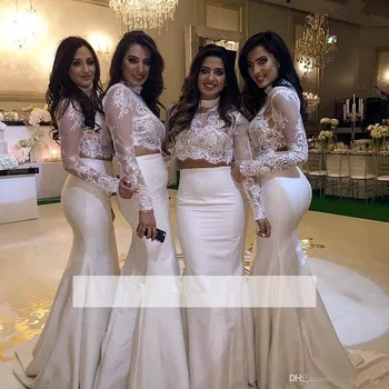 

Two Pieces 2019 Cheap Bridesmaid Dresses Under 50 Mermaid High Collar Long Sleeves Lace Long Wedding Party Dresses For Women