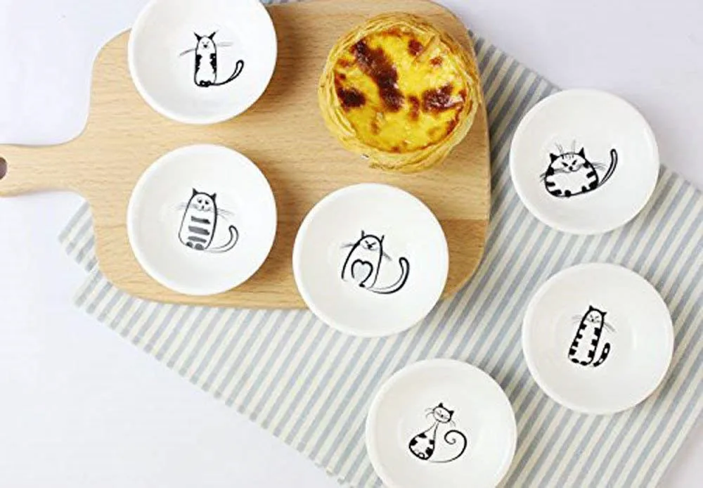 Super Cute Cat Ceramic Sauce Dish,Mini Side Seasoning Dish,Condiment Dishes,Sushi Soy Dipping Bowl,Snack Serving Dishes,Meow Porcelain Small Saucer Set06