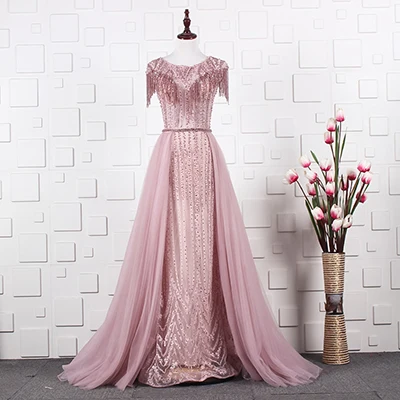 JANCEMBER Grey and Pink Diamond Crystal Luxury Evening Dress Cap Sleeve Fashion With Train Evening Dress Real Photo - Цвет: as picture