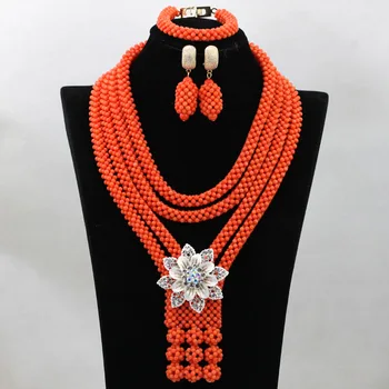 

Unique Design Orange Coral Beads Statement Necklace Set Handmade Nigerian Choker Necklace Set For Women Free Shipping QW040
