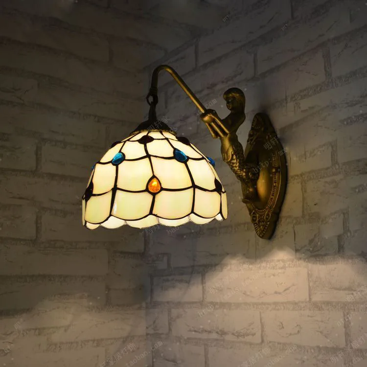 

Simple modern European style wall lamp Tiffany lamp bedside bedroom wall lamp mirror bathroom Mermaid peacock tail lamp