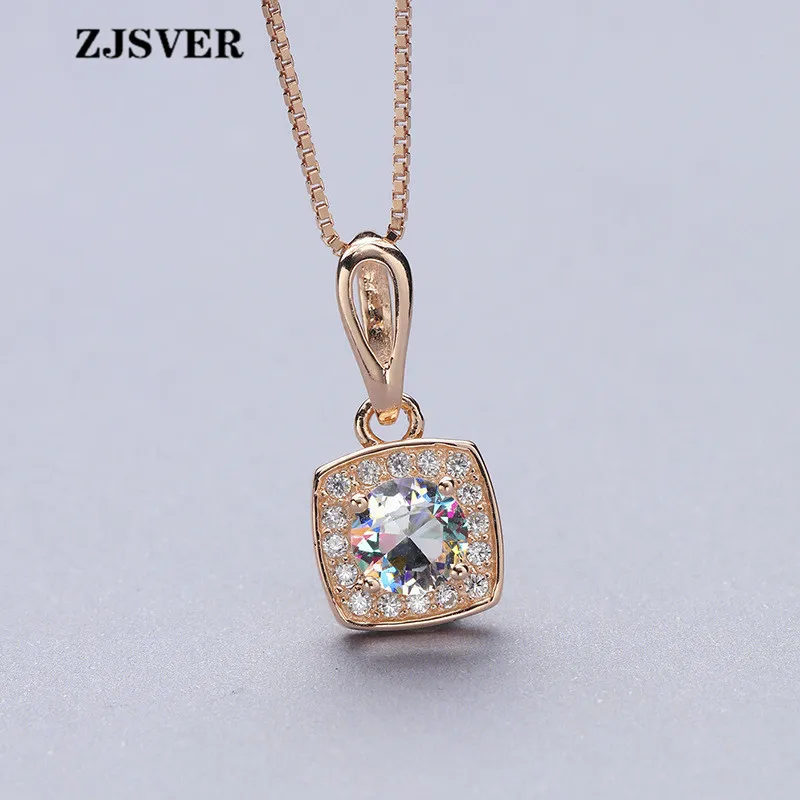 

ZJSVER Crystal Geometric Square Pendant Rose Golden 925 Sterling Silver Box Chain Women Necklace Fashion Fine Jewelry Present