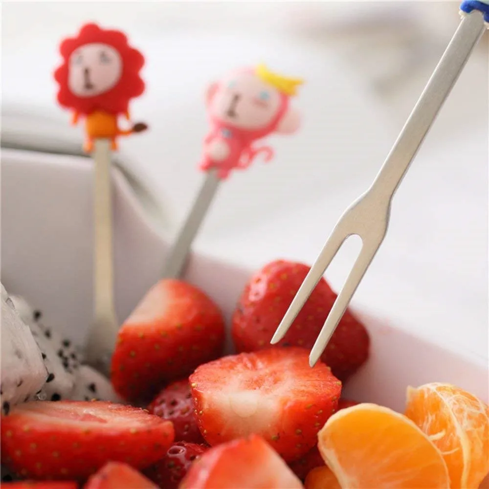 Cute Cartoon Salad Forks Mini Dessert Fruit Forks Holder Stainless Steel with A Holder Silicone Handle Cake Food Pick Fork Set 6 Pcs for Home and Restaurant (Mix Animal)02