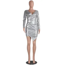Summer Women Sexy Club Style Sequin Dress Elegant V-Neck Bandage Dress Long Sleeve Short Bodycon Clothing