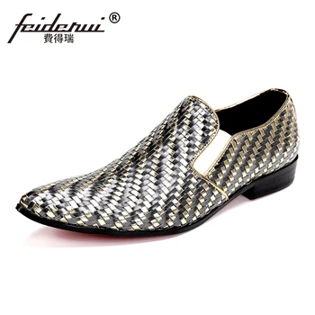 

Plus Size Luxury Formal Pointed Toe Slip on Plaid Man Prom Loafers Genuine Leather Men's Handmade Wedding Party Shoes SL141