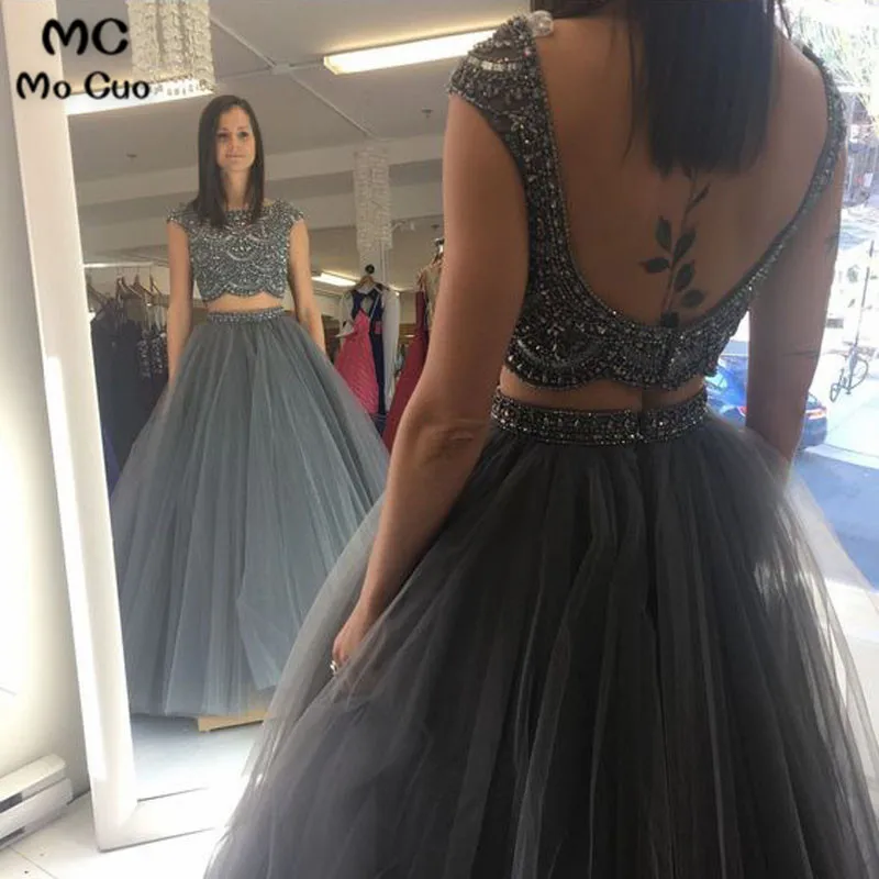 ball gown, two piece prom dresses, beaded grey long prom dresses, 2018 prom dresses, party dresses