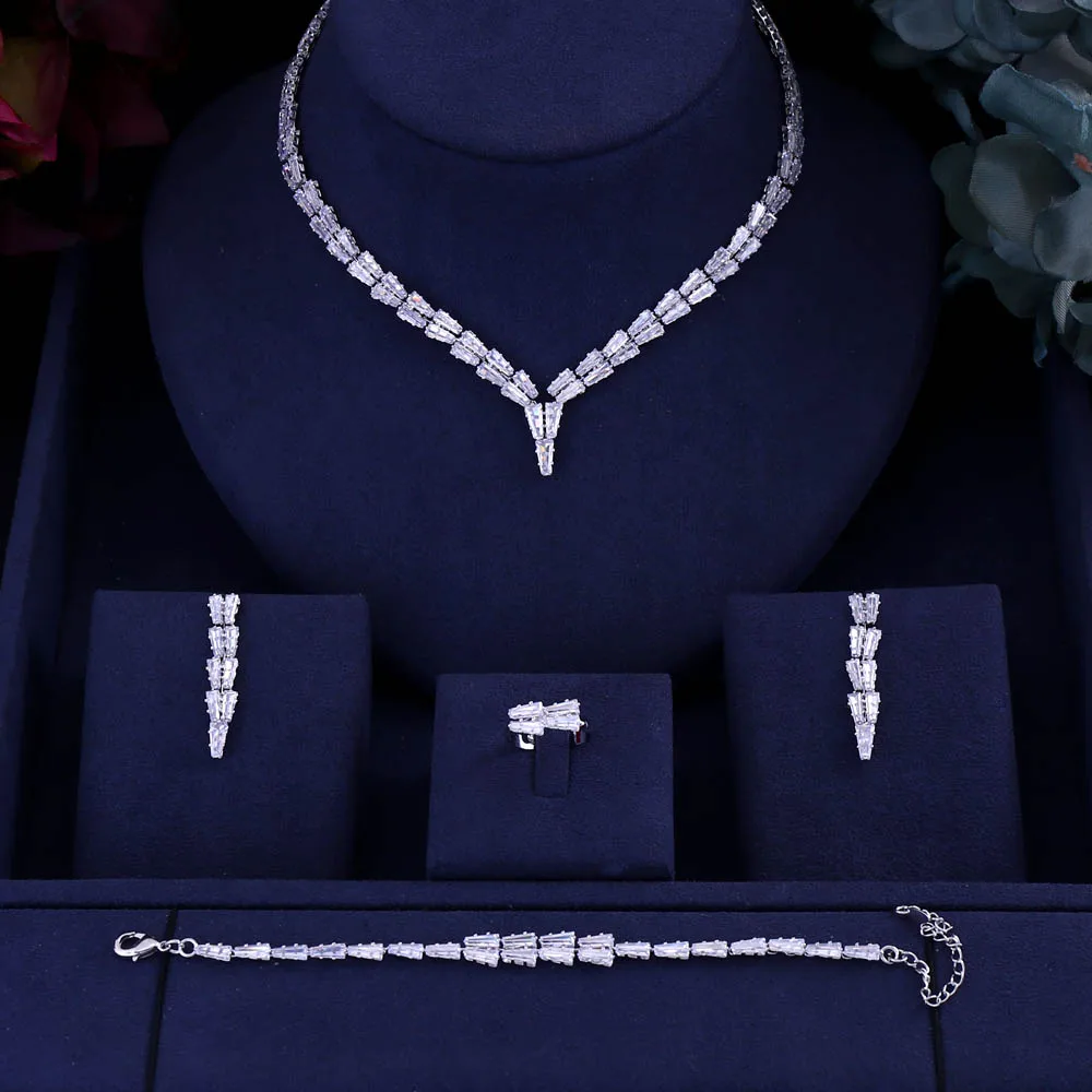 

Accking Fashion 4pcs luxury Cubic Zircon for Women Wedding Party For Bridal Jewelry set necklace earring bracelet ring set