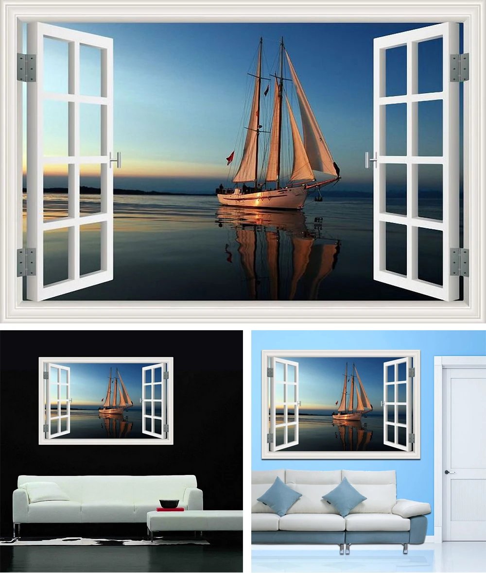 Парусная лодка на море высокое качество 3D настенная художественная Съемная Настенная Наклейка Парусник в море пейзаж креативный вид окна домашний декор