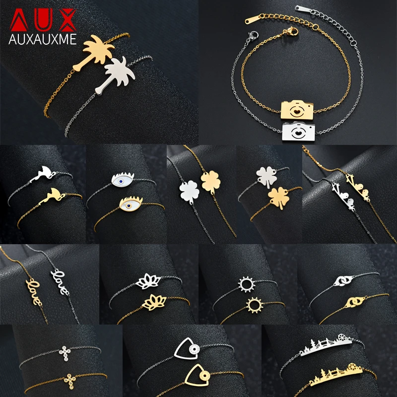 

Auxauxme Simple Style Stainless Steel Chain Bracelet Evil Eye Coco Tree Camera Flamingo Charm Bracelet Fashion Women Jewelry
