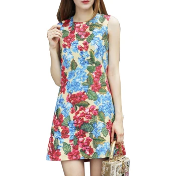 

Women Spring Summer Dresses 2019 High Quality Sleeveless O-Neck Printed Beading A-line Mini Dress Vestidos SAD763