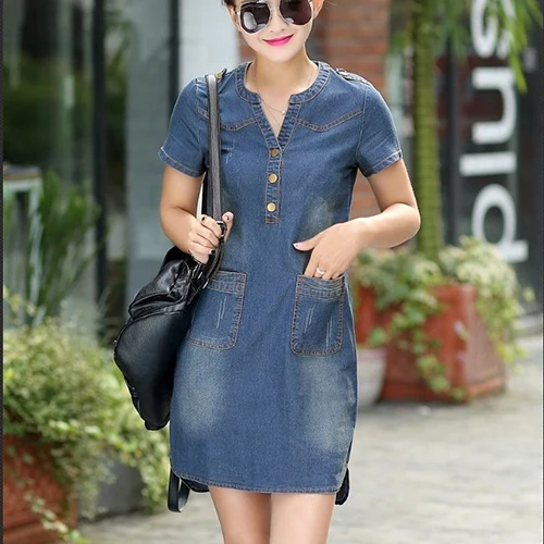 Dark blue Модная женская одежда Платья с коротким рукавом Мини Летнее платье Wpmen свободного кроя размера плюс 4XL 5XL джинсовое платье с карманами 856 - Цвет: Dark blue