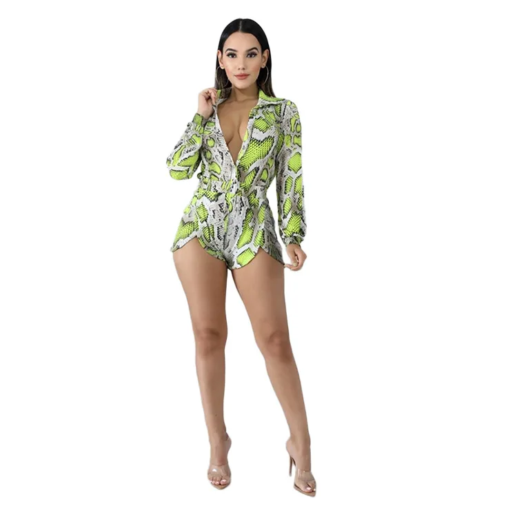 Women fashion long sleeve jumpsuit snakeskin print overalls for women lady shorts body femme clubwear LD5032