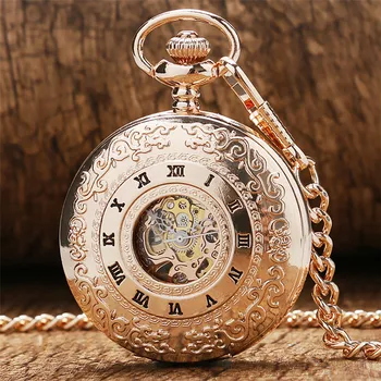

Unique Rose Gold Roman Numeral Display Mechanical Hand Wind Pocket Watch Transparent Skeleton Pendant Clock Vintage Fashion Item