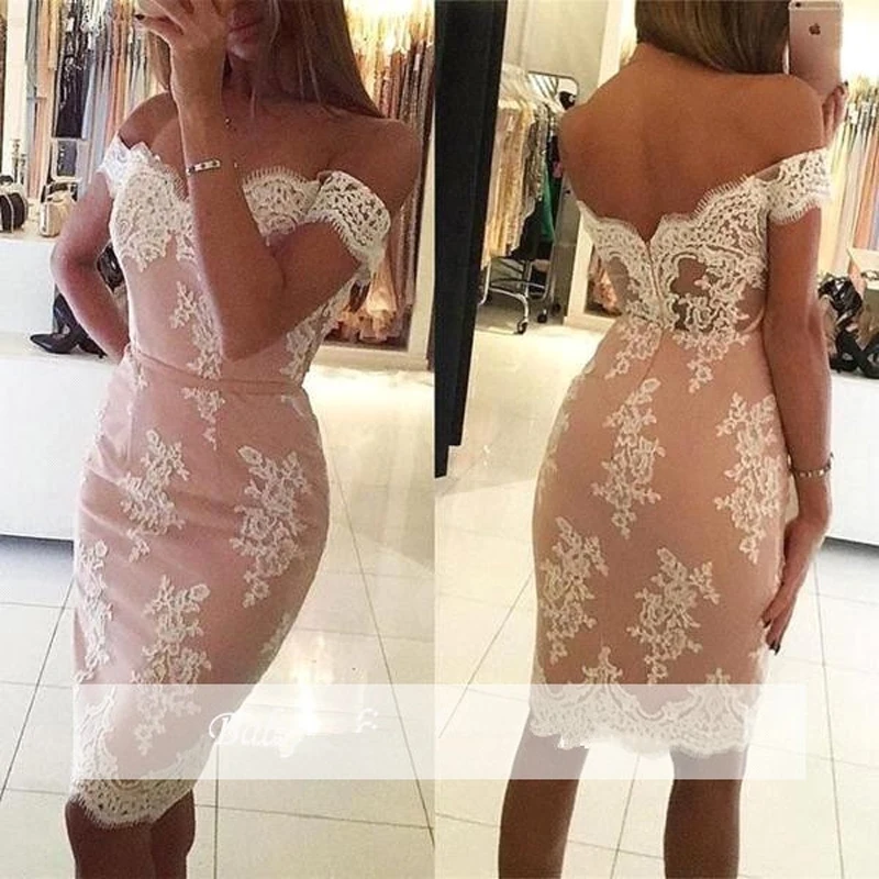 US $58.80 Pink Elegant Cocktail Dresses Sheath Off The Shoulder Knee Length Satin Lace Party Gown Plus Size Homecoming Dresses