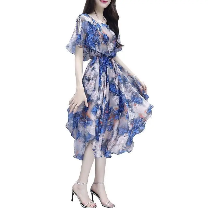 

2019 New Summer Women Floral Print Hollow Out Chiffon Dress Female Vintage Irregular Hem Dresses Lady Plus Size 5XL Vestido Z231