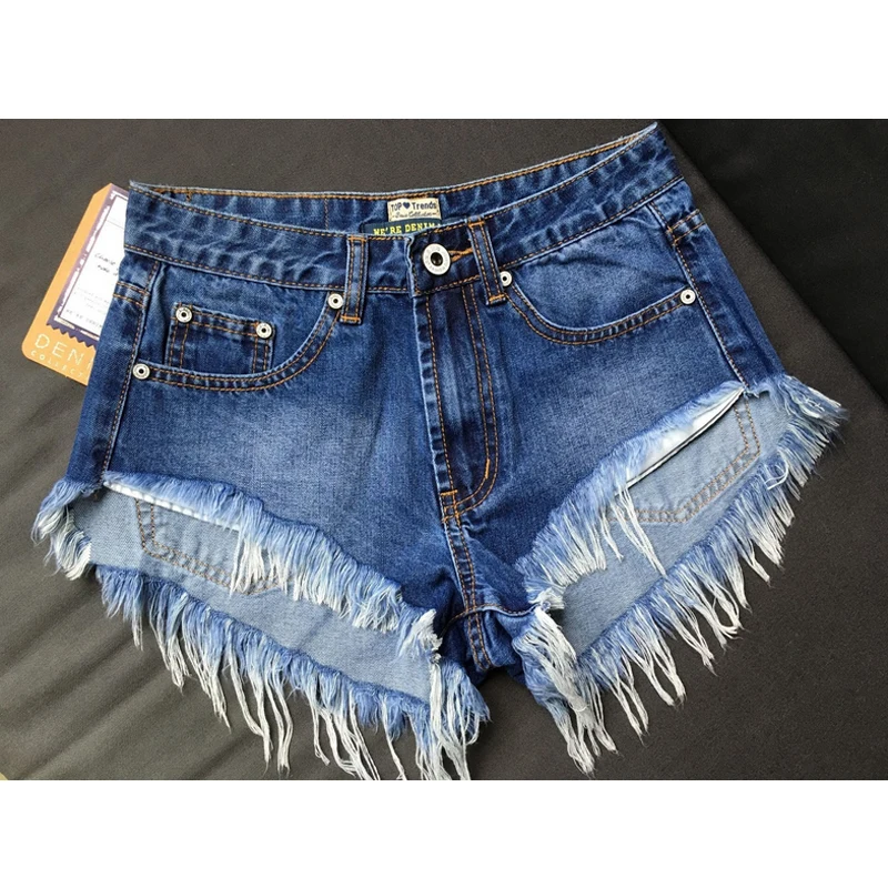 Vana Javeasen Tassel Decoration Jean Denim Shorts Women Skinny Mid-waist Blue Shorts For Ladies Girl Summer Short-jeans
