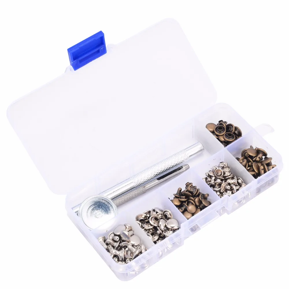 

120 Set Leather Repairing Rivets Tubular Metal Single Silver Bronze Rivets with Fixing Tool Kit For Belts Shoes Leather Crafts