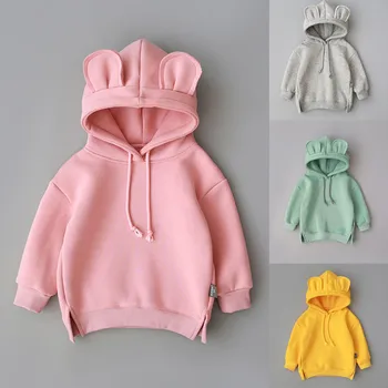 

2020 New baby fleece hooded solid color sweater Toddler Baby Kids Boy Girl Hooded Cartoon 3D Ear Hoodie Sweatshirt Tops Clothes