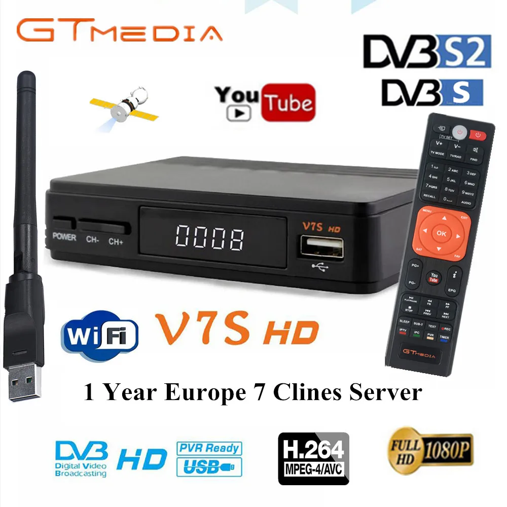 

new 1 Year Europe 7 Clines Server GTMedia V7S HD Digital Satellite Receiver DVB-S2 V7S HD Full 1080P+USB WIFI Upgrade Freesat V7