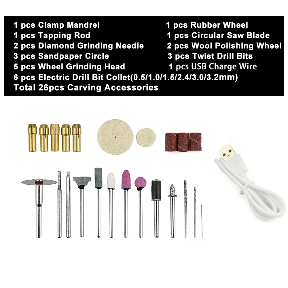 carregamento usb, broca elétrica, gravação, caneta, kit