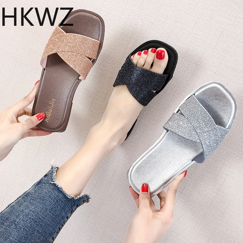 

Summer fashion ladies slippers wear rhinestone sequins beach casual comfort sandals women's wild cross breathable sandals H0147