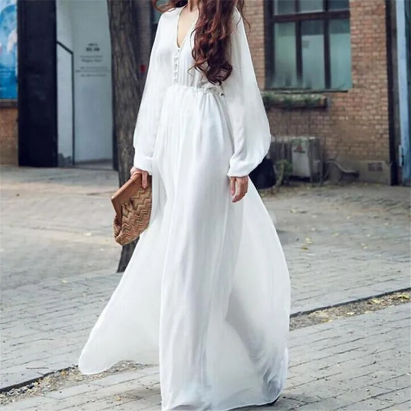 

Elegant White Chiffon Floor-Length Dress Women 2019 New Summer Beach Dresses Long Sleeve Female White Floor-Length Dresses Ma421
