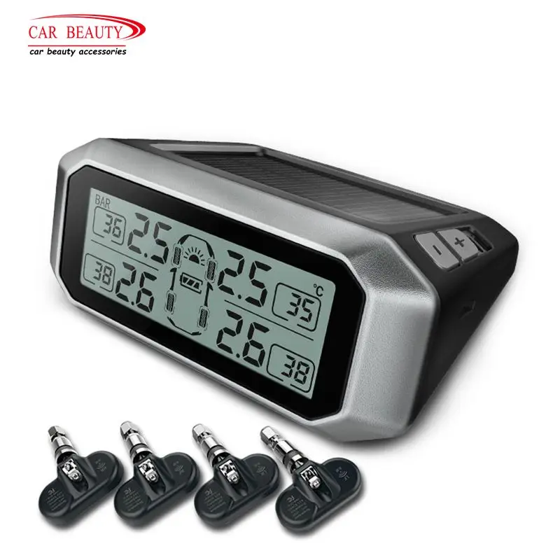 

Wireless Solar Power Digital Car TPMS Auto Tire Pressure Monitoring System Tyre Alarm Real-Time Display with USB Charging Plug