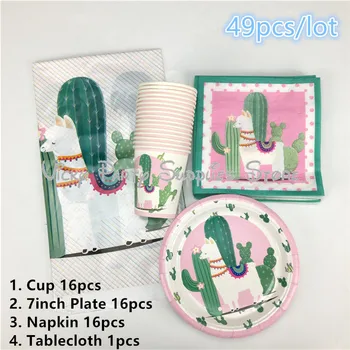

49pcs/lot Cartoon Alpaca Cactus Party Disposable Tableware Birthday Baby Shower Alpaca Cup Plate Falg Party Decoration Supplies
